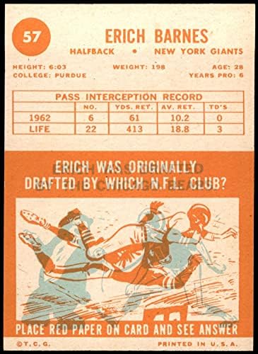 1963 Topps 57 Erich Barnes New York Giants-FB (Foci Kártya) EX Óriások-FB Purdue