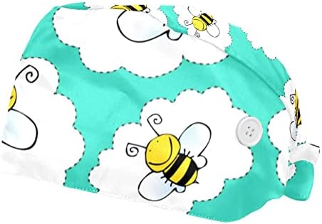 2 Db Unisex Bouffant Sapkák Gombok Nyakkendő Vissza Sapkák Hajpánt a Nők, Férfiak, Aranyos Méhek Minta