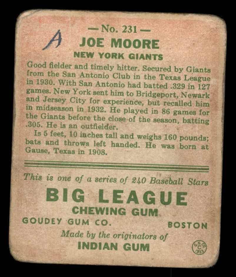 1933 Goudey 231 Joe Moore New York Giants (Baseball Kártya) SZEGÉNY Óriások