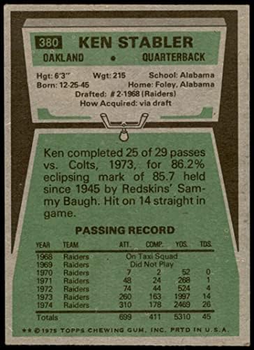 1975 Topps 380 Ken Stabler Oakland Raiders (Foci Kártya) VG/EX Raiders Alabama