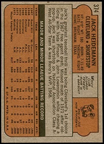 1972 Topps 374 Jack Heidemann Cleveland indians (Baseball Kártya) NM/MT+ Indiánok