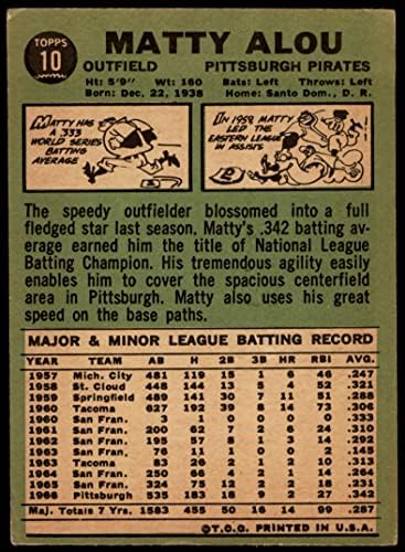 1967 Topps 10 Matty Alou Pittsburgh Pirates (Baseball Kártya) JÓ Kalózok