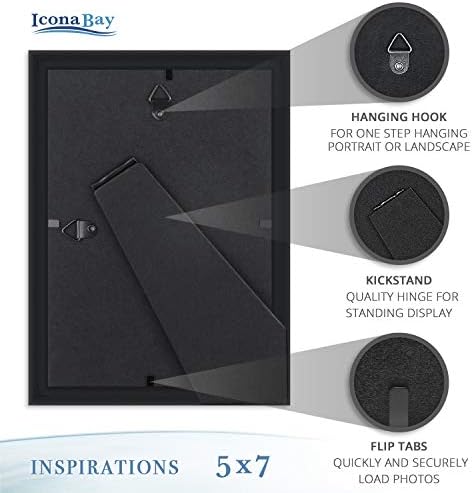 Icona Bay 5x7 képkeret (Fekete, 6 Pack), Gyönyörűen Részletes Fröccsöntés, Modern Képkeret Állítva, Falra vagy Asztalra,