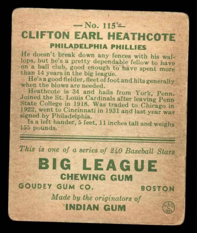 1933 Goudey 115 Cliff Heathcote Philadelphia Phillies (Baseball Kártya) GD+ Phillies