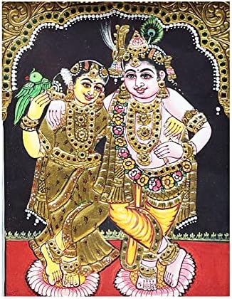 Egzotikus India 10 x 12 Lord Krishna, valamint Radha Tanjore Festmény | Hagyományos Színek, 24 karátos Arany | Tíkfa Fram
