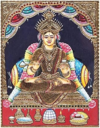 Egzotikus India 15 x 18 Istennő Annapurna Tanjore Festmény | Hagyományos Színek, 24 karátos Arany | Tíkfa Keret | G