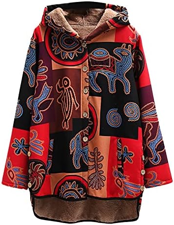 Női Vintage Zakók Kabátok Etnikai Nyomtatási Stílus Felsőruházat Fleece Bélelt Kapucnis Meleg, Laza Winter Plus Size Melegítőfelső