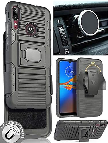 Esetén/Mount/Klip Moto E6 Plusz, Nakedcellphone Fekete Masszív Fedezze [a fogantyú Álljon] + [Öv, Csípő Tok] + [Mágneses