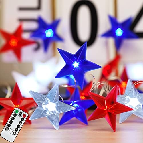 BOHON Függetlenség Napja Dekoráció LED String Fények elemes Távoli 10 ft 40 Led-ek USA Amerikai Csillagok Zászló Világítás