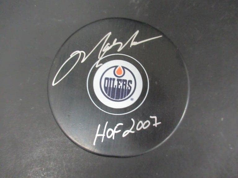 Mark Messier (HOF 2007) Aláírt Hivatalos Oilers Korong Autogramot Auto Fanatikusok - Dedikált NHL Korong