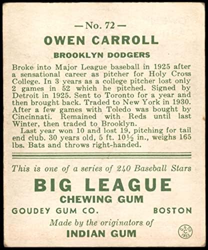1933 Goudey 72 Owen Carroll Brooklyn Dodgers (Baseball Kártya) VG/EX Dodgers