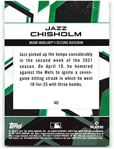 2021 Topps Tűz 40 Jazz Chisholm Ifjabb NM-MT RC Újonc Miami Marlins Baseball, MLB