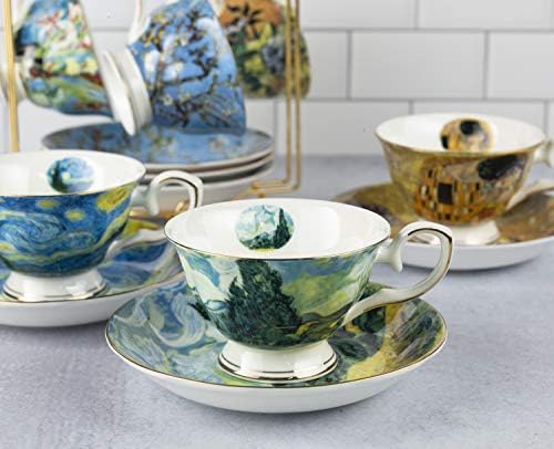 Van Gogh porcelán Készlet 6 Csésze, valamint Csészealjak A Rack, Kávés Csészét Szett díszdobozban, 8 Unciás Művészeti kávéscsésze
