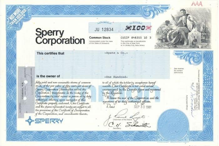 Sperry Corporation - Raktáron Bizonyítvány