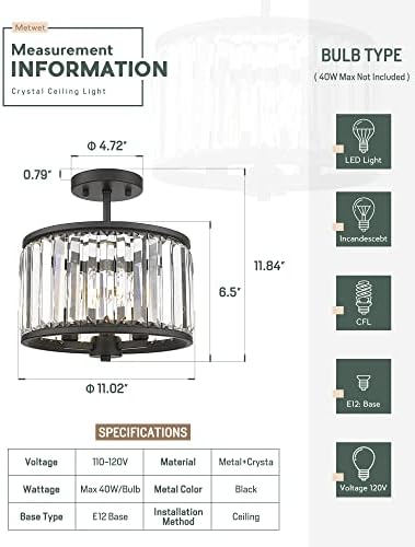 METWET Félig süllyeszthető Mennyezeti Lámpa Lámpatest, 11 Kristály Fény Állvány, 3-Lámpa, Modern Lámpa Matt Fekete Kivitelben